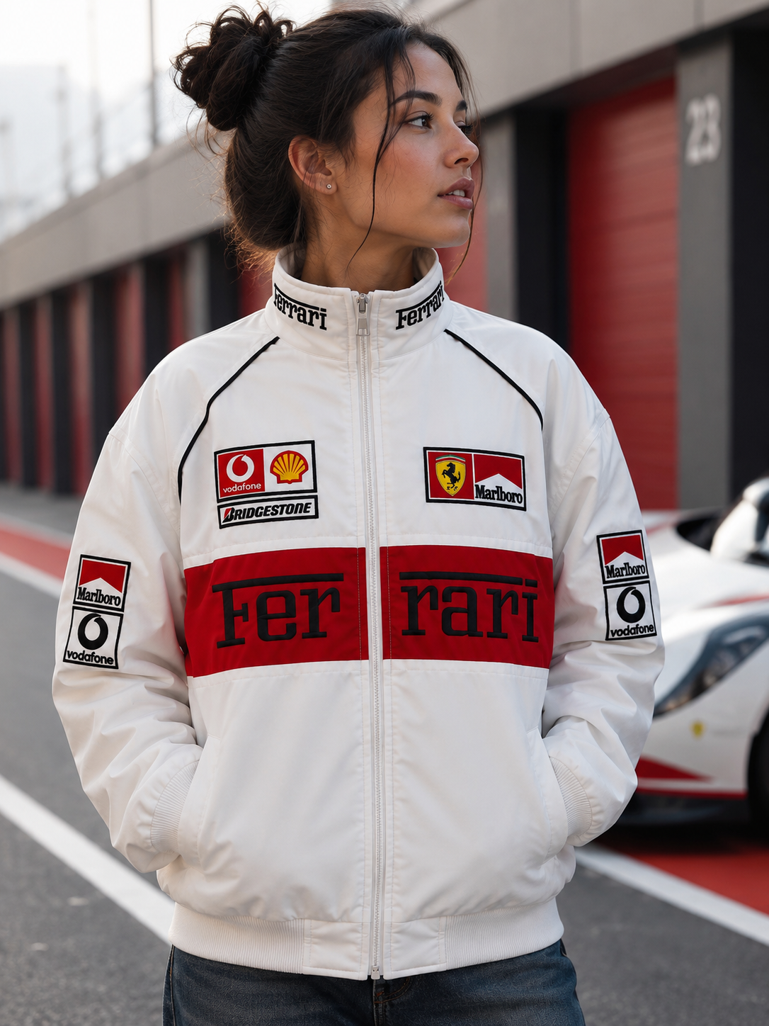 Woman wearing racing jacket
